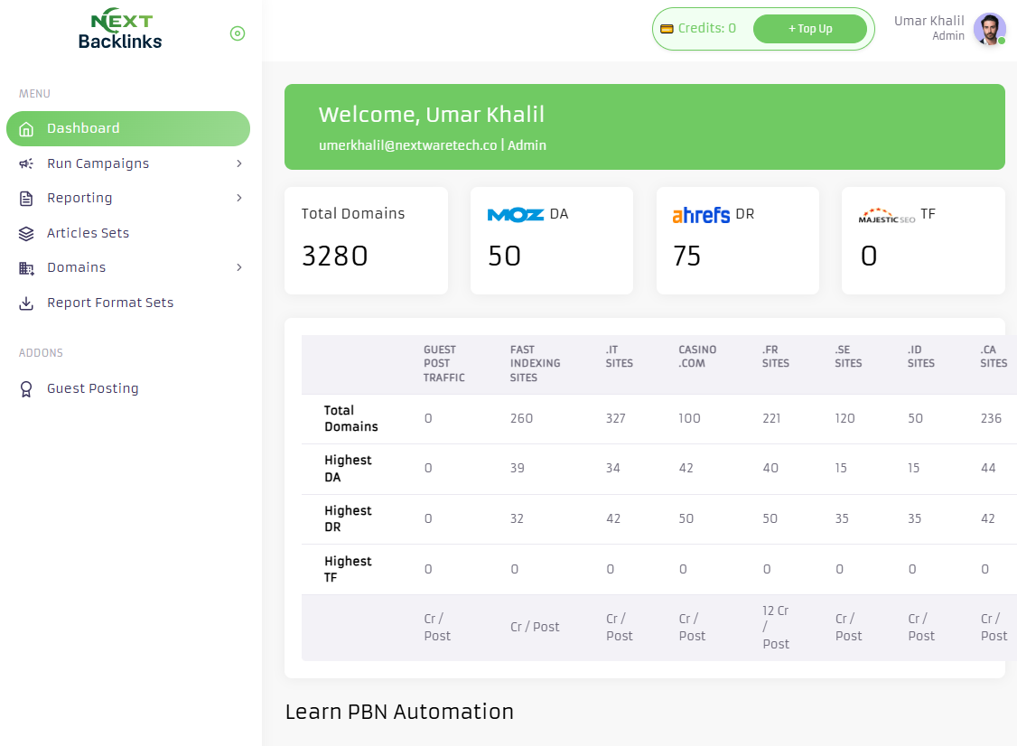 nextbacklinks dashboard